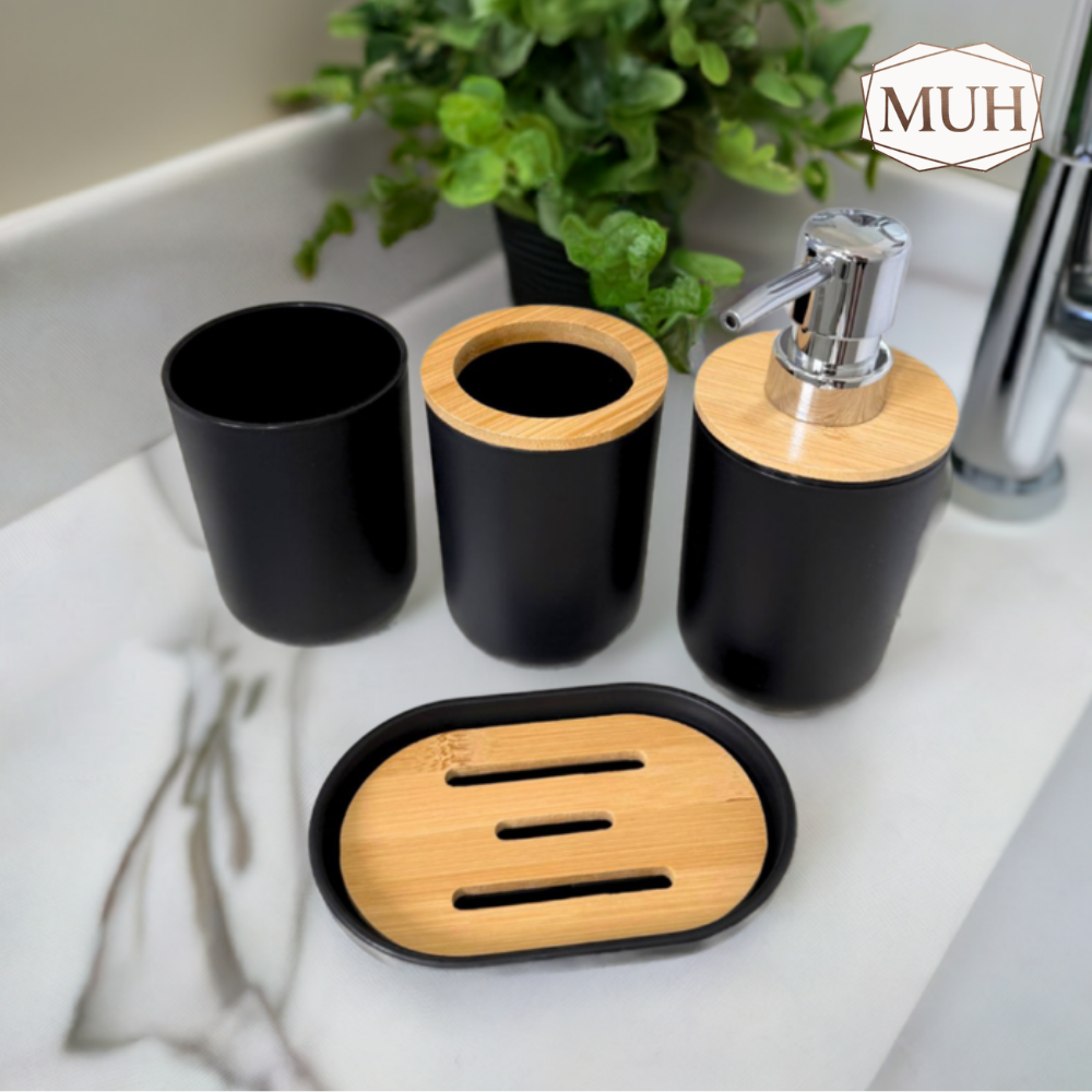 Kit Banheiro Lavabo Elegance – 5 Peças Dispenser, Porta Sabão e Porta-Objetos em Bambu