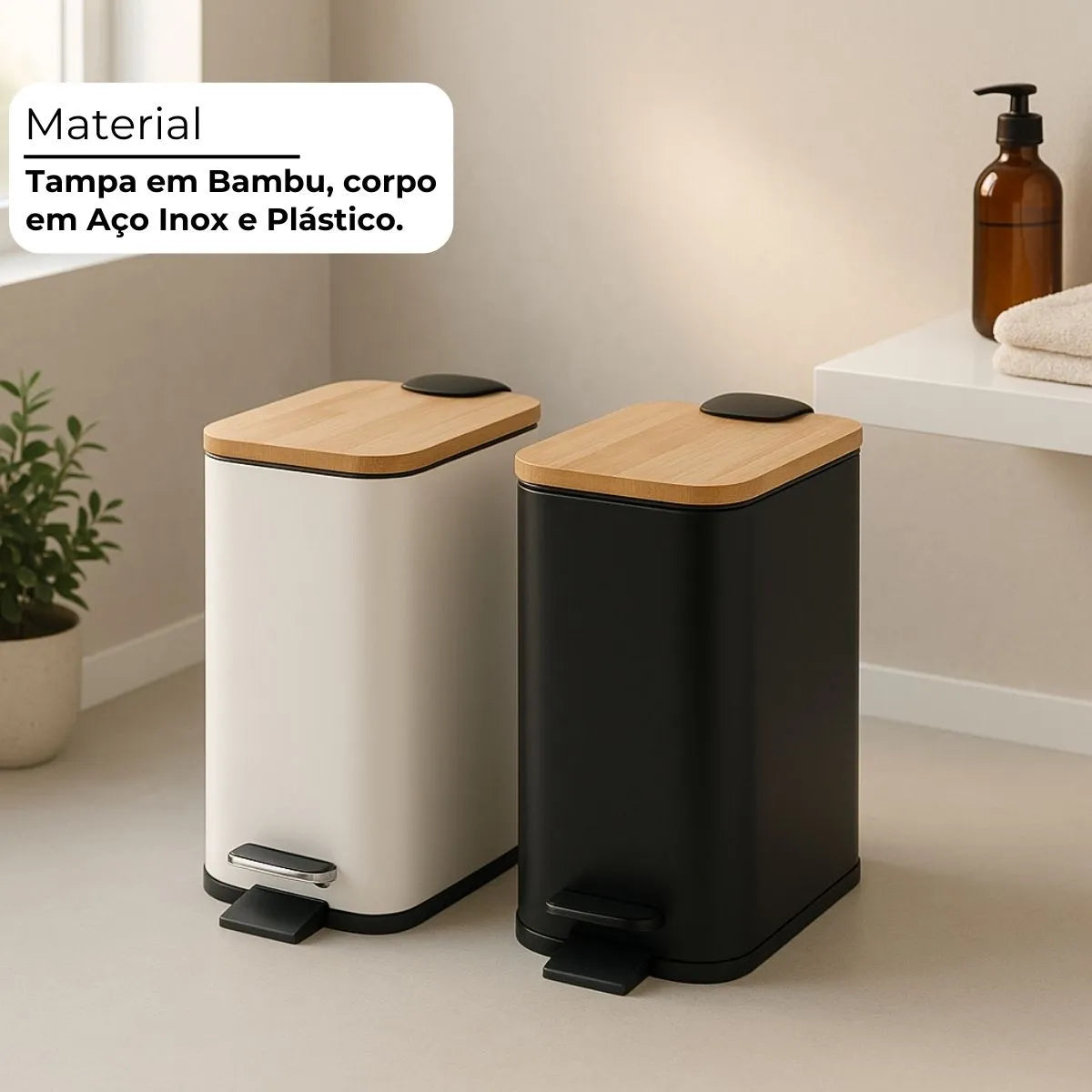 Lixeira VitaClean Premium 5L - Inox com Tampa Bambu