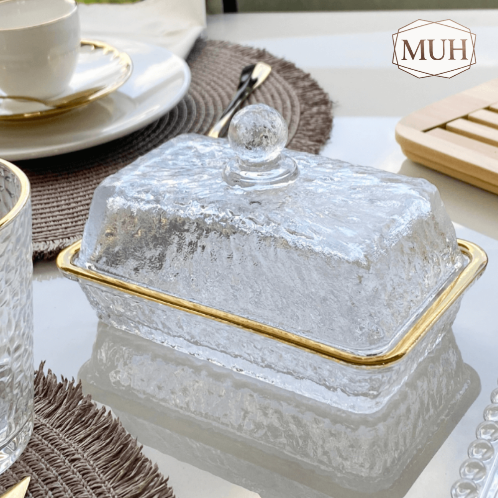 Manteigueira Petra Cristal Ecológico e Fio de Ouro com Tampa 17cm