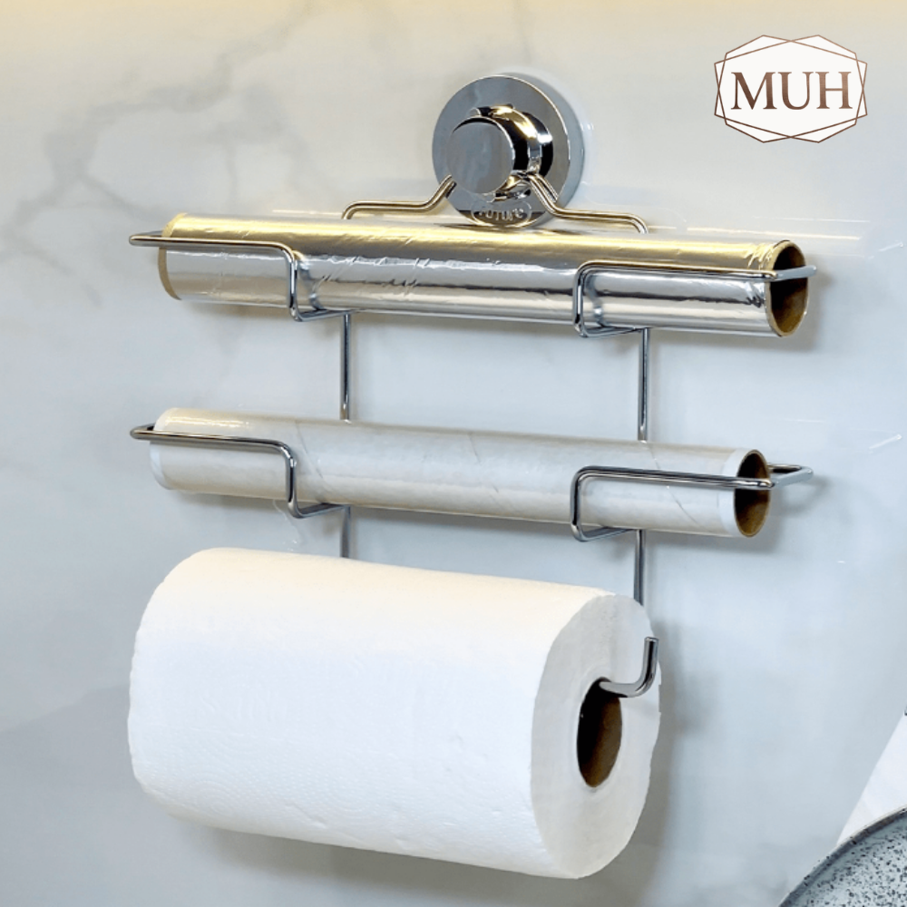 Suporte de Rolos Triplo para Papel Toalha/Alumínio/PVC com Ventosa Cromado