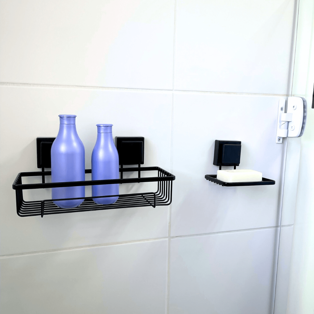 Saboneteira de Parede com Ventosa 12 cm Preto Fosco Fácil Instalação