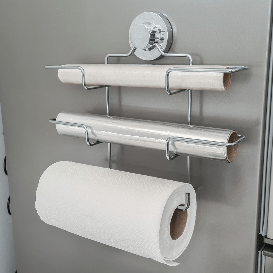 Suporte de Rolos Triplo para Papel Toalha/Alumínio/PVC com Ventosa Cromado