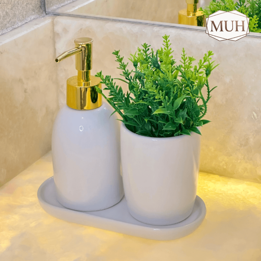 Kit para Banheiro Cerâmica Londres Branco e Dourado 3 Peças