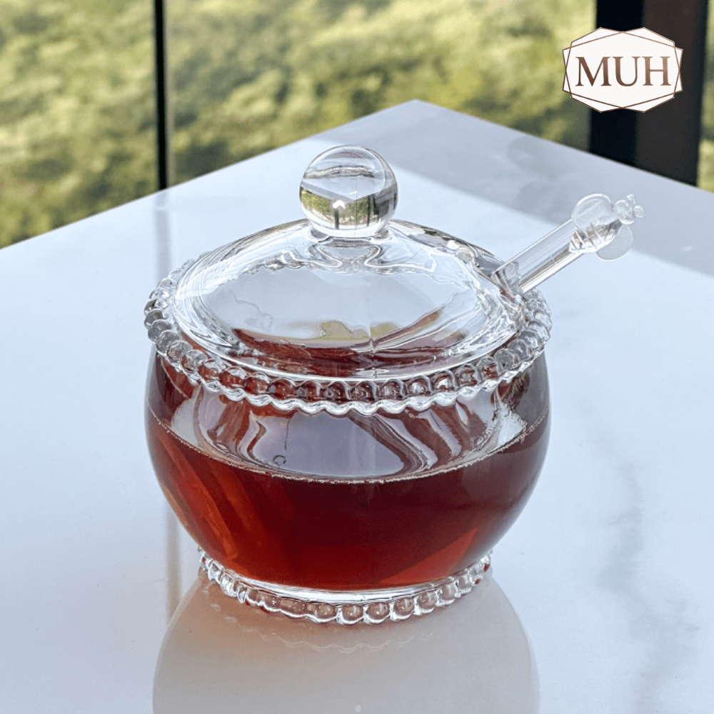 Meleira de Cristal Chumbo com Colher Abelha Bolinha Pearl 10cm