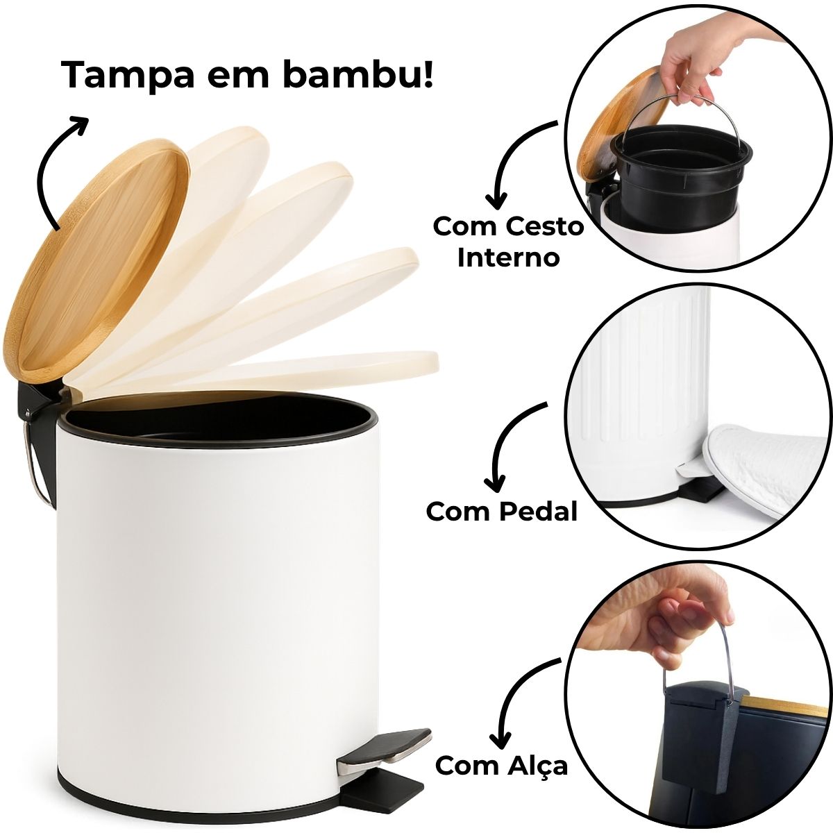 Lixeira VitaClean Premium 5L - Inox com Tampa Bambu