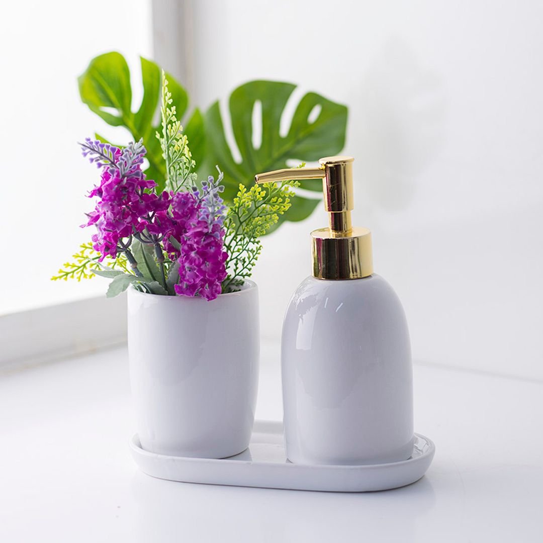 Kit para Banheiro Cerâmica Londres Branco e Dourado 3 Peças