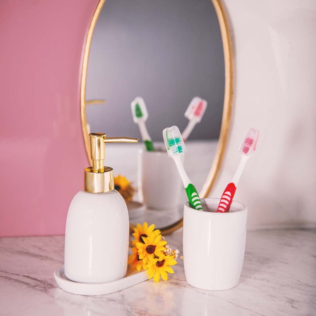 Kit para Banheiro Cerâmica Londres Branco e Dourado 3 Peças