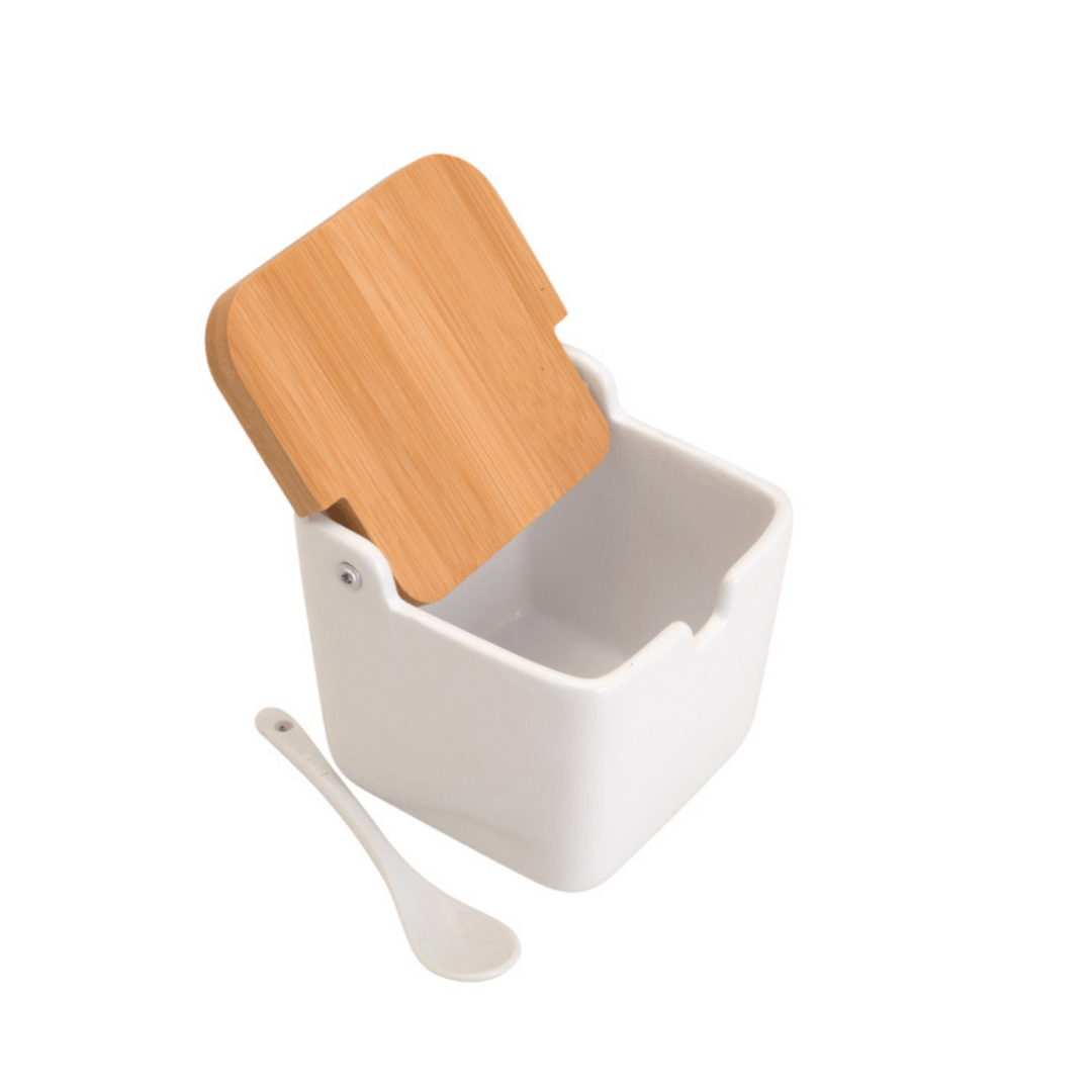 Saleiro de Mesa Ceramica com Tampa e Colher Branca 400ml