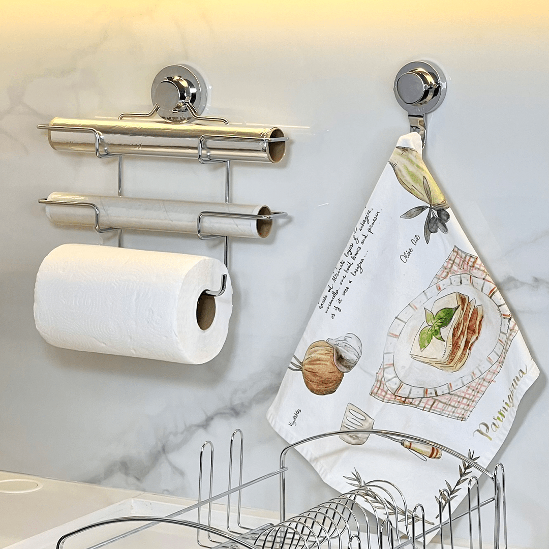 Suporte de Rolos Triplo para Papel Toalha/Alumínio/PVC com Ventosa Cromado